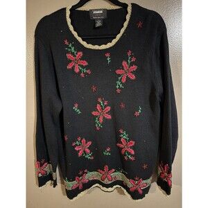 Studio Fa La La Poinsettias Christmas Beaded Sweater Woman’s Size Medium